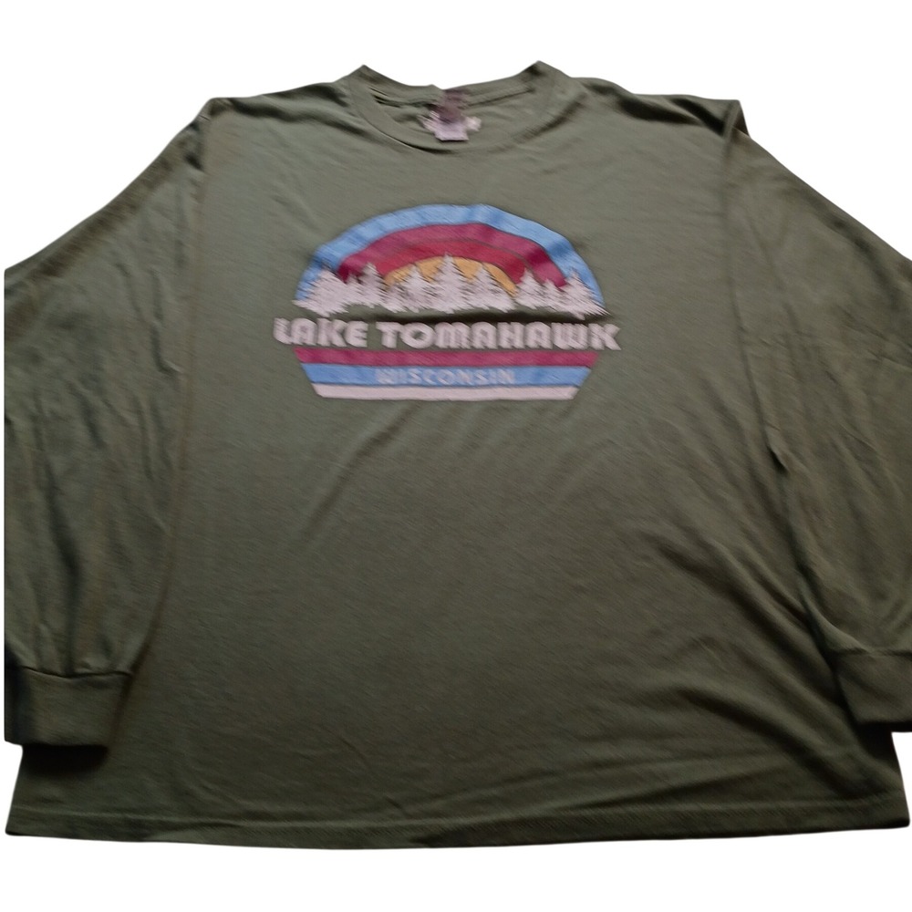Gildan T-Shirt Men's Lake Tomahawk Wisconsin Graphic Long Sleeve Green Tee L